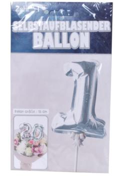 Zahlenballon 15cm am Stab - selbstaufblasend - silber - Zahl 1