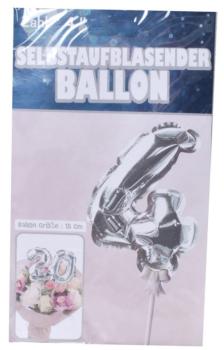Zahlenballon 15cm am Stab - selbstaufblasend - silber - Zahl 4