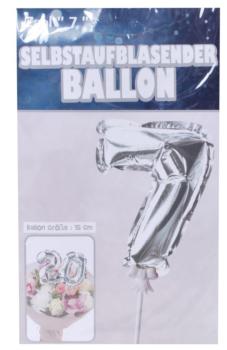 Zahlenballon 15cm am Stab - selbstaufblasend - silber - Zahl 7
