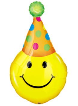 Smiley mit Partyhut - gelb - Folienfigur 30 cm luftgefüllt
