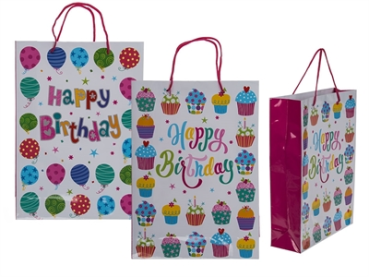 Papier-Geschenktüten Happy Birthday, 25 x 8,5 x 34,5 cm - 2-fach ass - Muffin oder Ballon