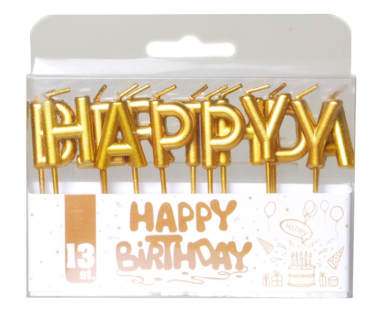 Tortenkerzen 6.5 cm - Happy Birthday - gold metallic, 13 Stück