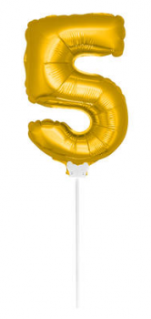 mini Zahlenballon 13 cm am Stab - für Luftfüllung - gold - Zahl 5