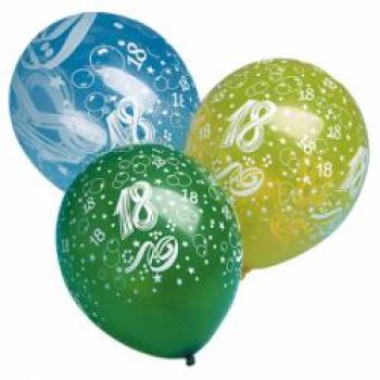 Zahl 18 - bunt - Ballon 30 cm - 1 Beutel - 5 Stück