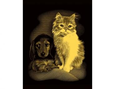 Kratzbild mit Rahmen 10.5 x 14.4 cm - Hund & Kätzchen gold