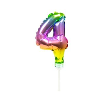 mini Folienballon 13 cm am Stab - für Luftfüllung - Regenbogen - Zahl 4