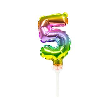 mini Folienballon 13 cm am Stab - für Luftfüllung - Regenbogen - Zahl 5