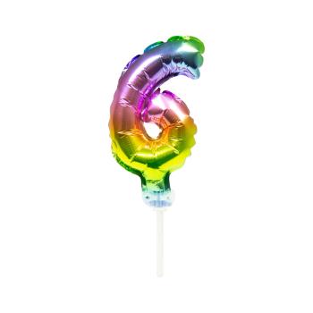 mini Folienballon 13 cm am Stab - für Luftfüllung - Regenbogen - Zahl 6