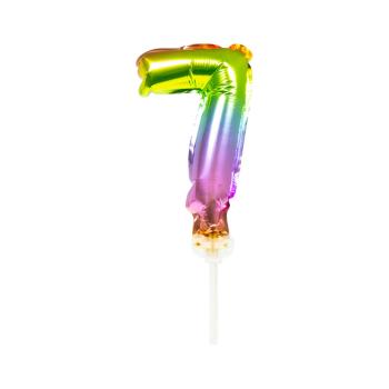 mini Folienballon 13 cm am Stab - für Luftfüllung - Regenbogen - Zahl 7