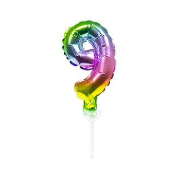 mini Folienballon 13 cm am Stab - für Luftfüllung - Regenbogen - Zahl 9