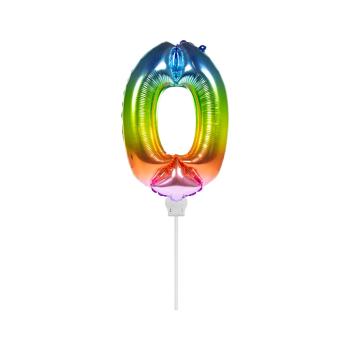 Folienballon 36 cm am Stab - für Luftfüllung - Regenbogen - Zahl 0
