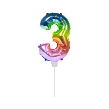 Folienballon 36 cm am Stab - für Luftfüllung - Regenbogen - Zahl 3