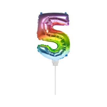 Folienballon 36 cm am Stab - für Luftfüllung - Regenbogen - Zahl 5