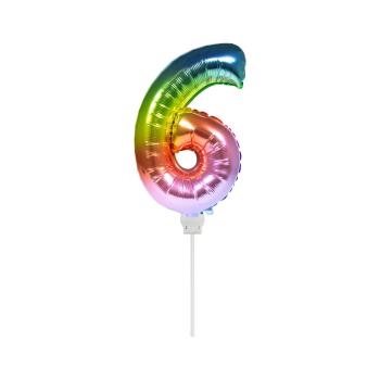 Folienballon 36 cm am Stab - für Luftfüllung - Regenbogen - Zahl 6
