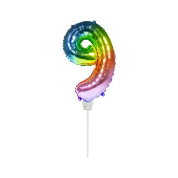 Folienballon 36 cm am Stab - für Luftfüllung - Regenbogen - Zahl 9