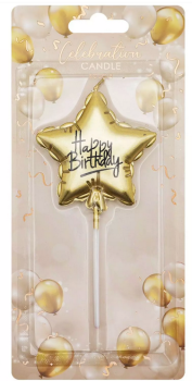 Kerze Stern 6 cm - Happy Birthday - gold