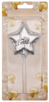 Kerze Stern 6 cm - Happy Birthday - silber