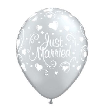 Just Married  Herzen silber / weiss - Ballon 30 cm - 1 Beutel - 6 Stück 
