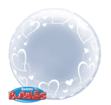 Deco Bubble weisse schwungvolle Herzen - OHNE VENTIL - transparent kugelrund 61 cm ungefüllt