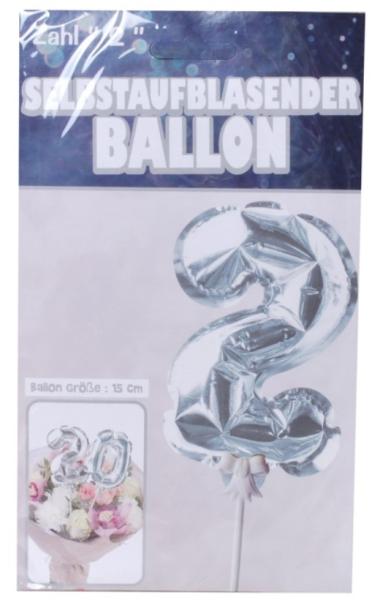 Zahlenballon 15cm am Stab - selbstaufblasend - silber - Zahl 2