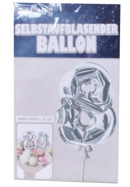 Zahlenballon 15cm am Stab - selbstaufblasend - silber - Zahl 8