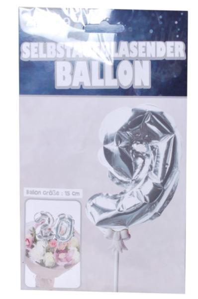 Zahlenballon 15cm am Stab - selbstaufblasend - silber - Zahl 9