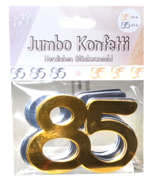 Jumbo Konfetti Pappe 20 Stück 7,5 x 10 cm - silber/gold Zahl 85