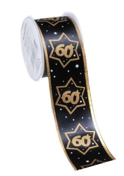 Satin Geschenkband 4 cm x 3 Meter - schwarz-gold - Zahl 60