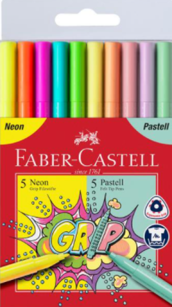 Grip Filzstift, Sonderfarbset Neon + Pastell, 10 Farben Kunststoffetui