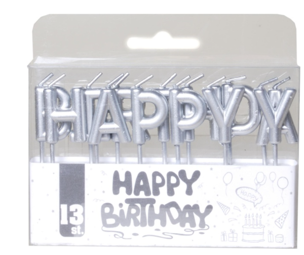 Tortenkerzen 6.5 cm - Happy Birthday - silber metallic, 13 Stück