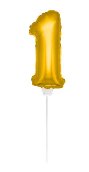 mini Zahlenballon 13 cm am Stab - für Luftfüllung - gold - Zahl 1