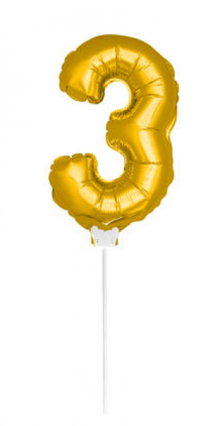 mini Zahlenballon 13 cm am Stab - für Luftfüllung - gold - Zahl 3