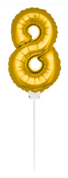 mini Zahlenballon 13 cm am Stab - für Luftfüllung - gold - Zahl 8