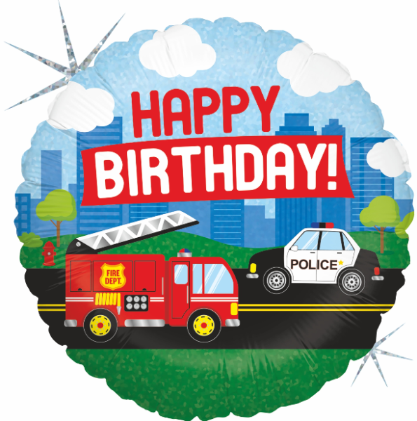 Happy Birthday Feuerwehr & Polizei - Folienballon 45 cm ungefüllt