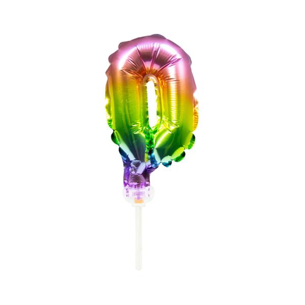 mini Folienballon 13 cm am Stab - für Luftfüllung - Regenbogen - Zahl 0