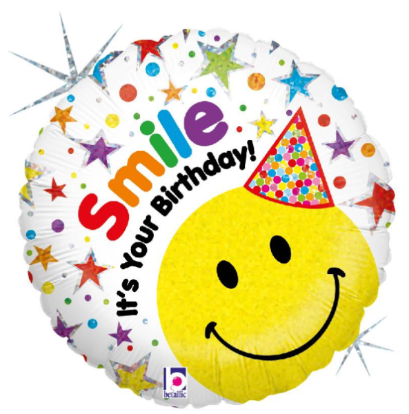 Happy Birthday Smiley Hut holo - Folienballon 45 cm ungefüllt