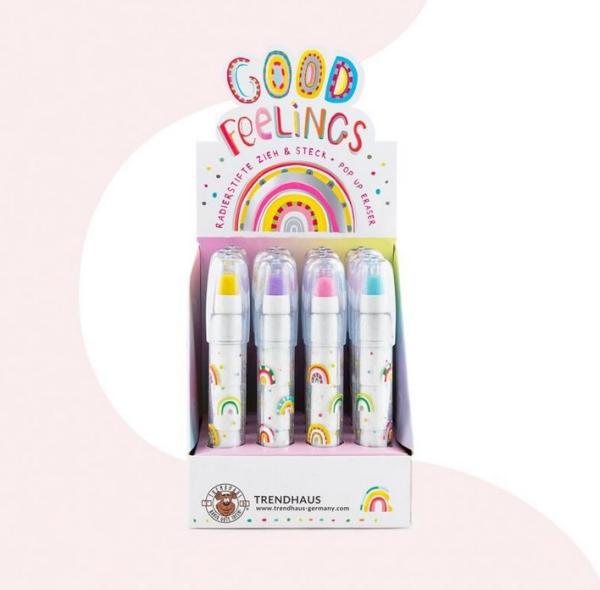 good feelings - Radierstift Zieh- & Steck - in 4 Farben - gelb - blau - pink - lila