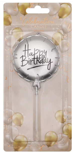 Kerze Ballon 6 cm - Happy Birthday - silber