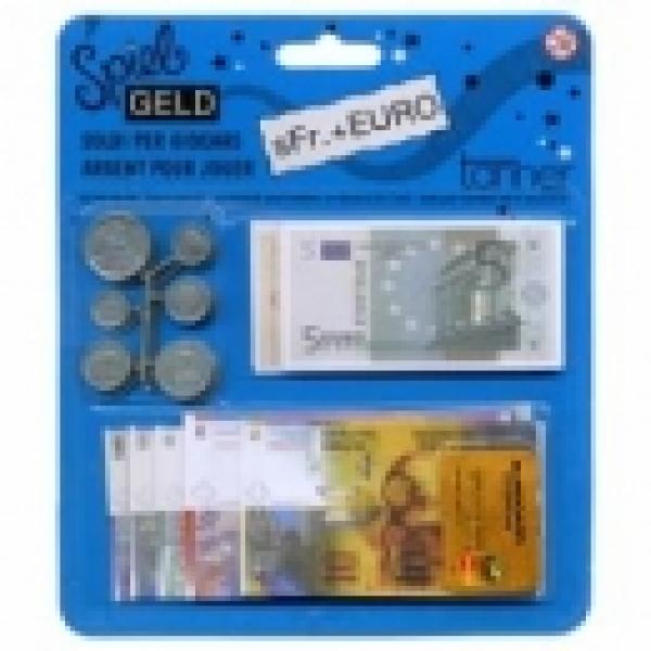 Spielgeld CH-Franken u. Euro Noten und Kunststoff Münzen, auf Blisterkarte