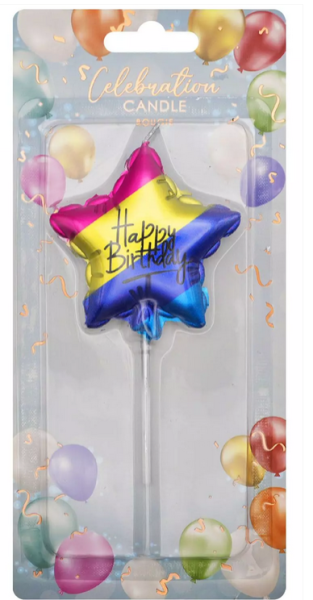 Kerze Stern gestreift 6 cm - Happy Birthday - bunt