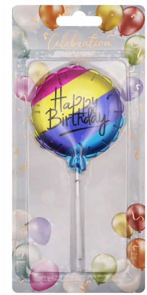 Kerze Ballon gestreift 6 cm - Happy Birthday - bunt