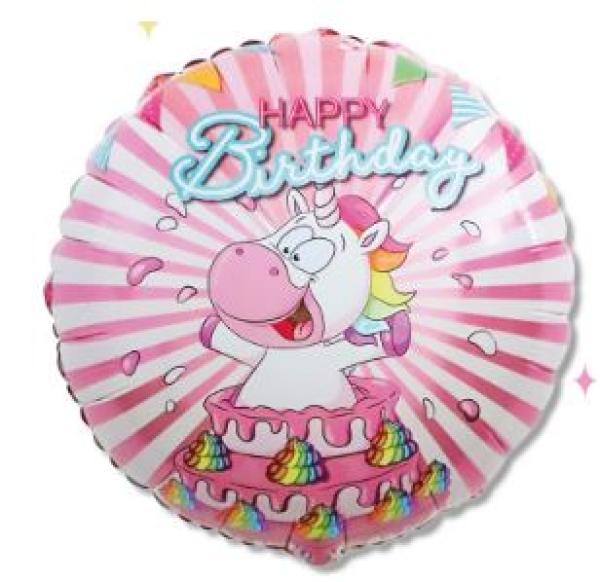 Happy Birthday pink - Einhorn in der Torte - Folienballon 45 cm ungefüllt