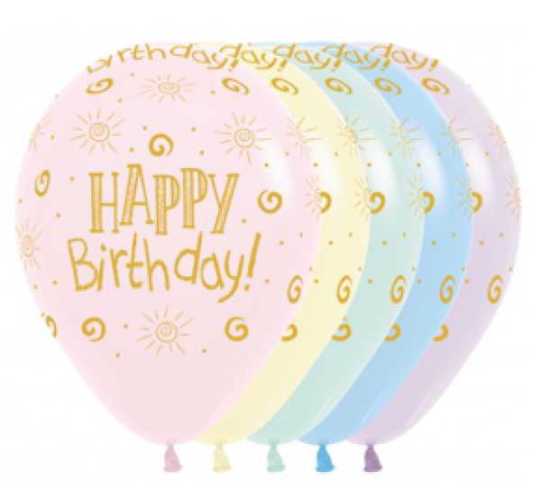 Happy Birthday Sun - Pastel Matte bunt - Ballon 30 cm - 1 Beutel - 5 Stück