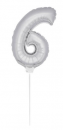 Zahlenballon 36cm am Stab - für Luftfüllung - silber - Zahl 6